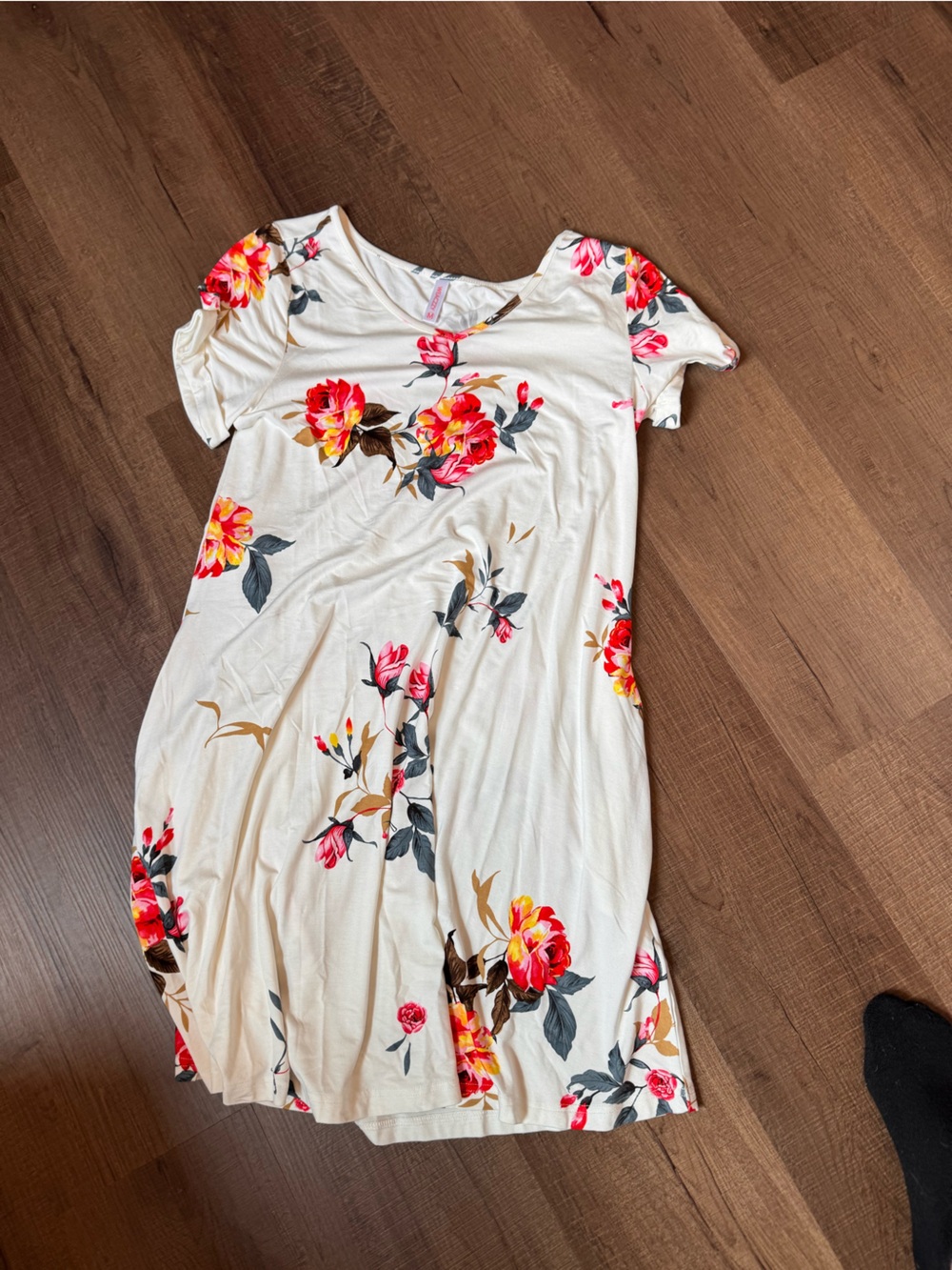Floral Cream Midi Dress with Pink & Yellow Blooms